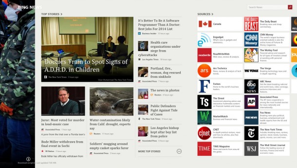 Windows 8 Bing apps, such as News above, are fast, beautifully designed and among the best mobile apps available on any platform.