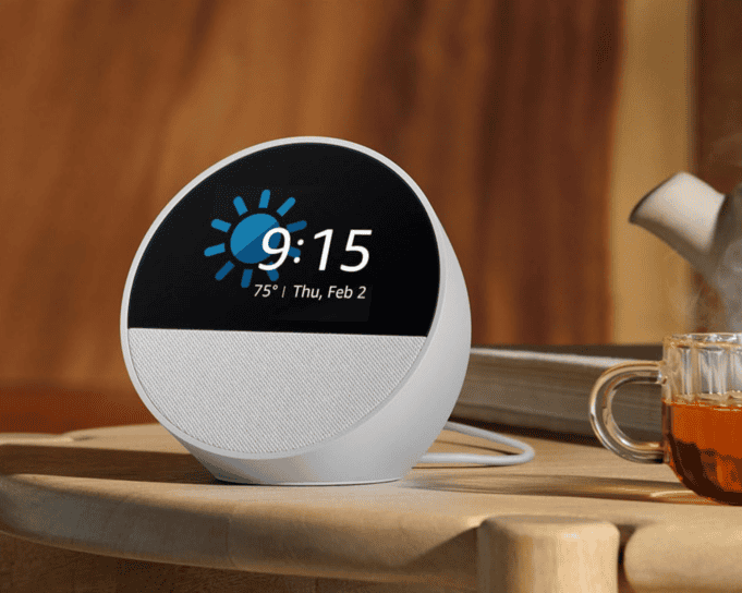 Echo Spot clockface features easy to read information such as time, date, weather